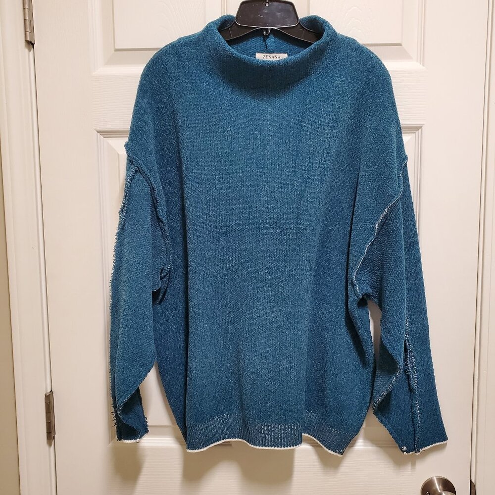 Long-Sleeved Teal Sweater w/Frayed Top Stitching